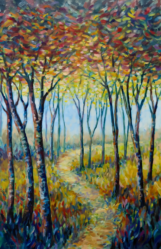 Penelope Hunter original artwork featuring a colourful forest pathway surrounded by tall trees, dappled foliage and expressive brushwork.