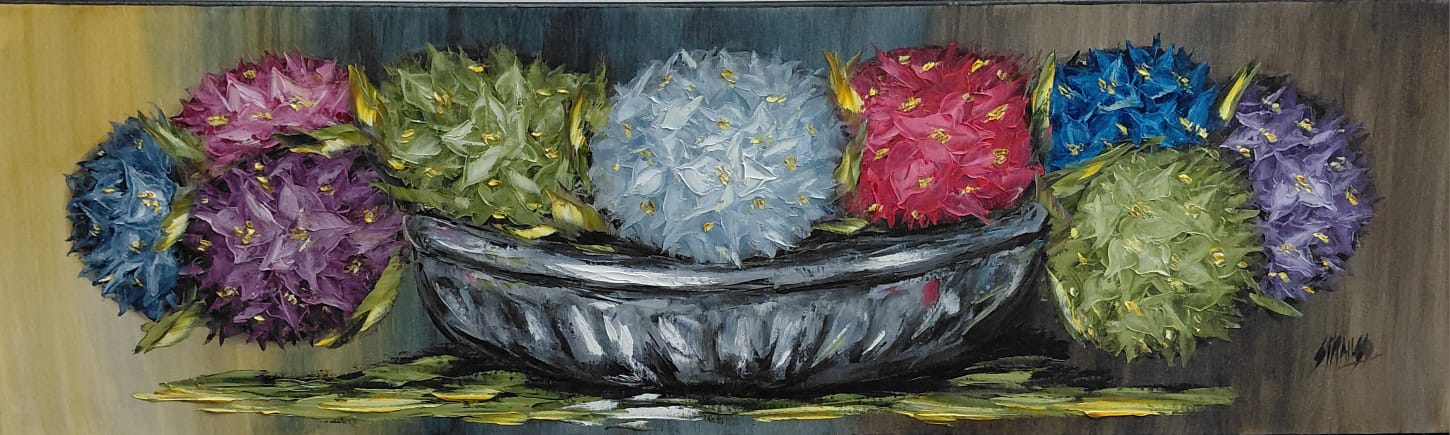 Steve Strauss oil artwork depicting colourful hydrangeas arranged in a bowl with textured brushwork and rich floral colour