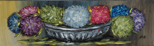Steve Strauss oil artwork depicting colourful hydrangeas arranged in a bowl with textured brushwork and rich floral colour