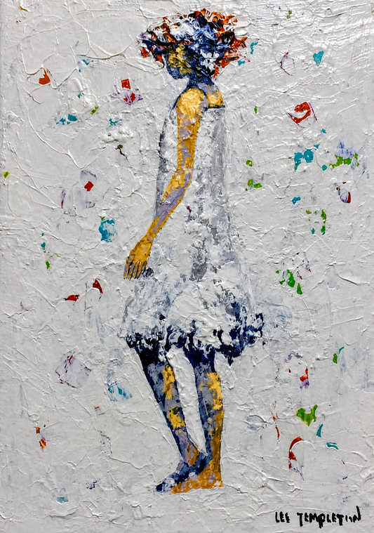Lee Templeton original artwork featuring a stylised female figure in profile with a textured white dress and colourful abstract accents.
