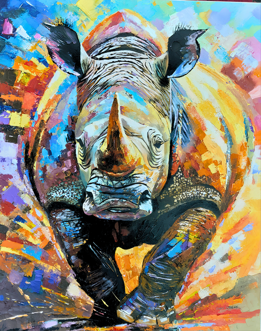 Original artwork featuring a colourful frontal portrait of an African rhinoceros with bold textured brushwork.