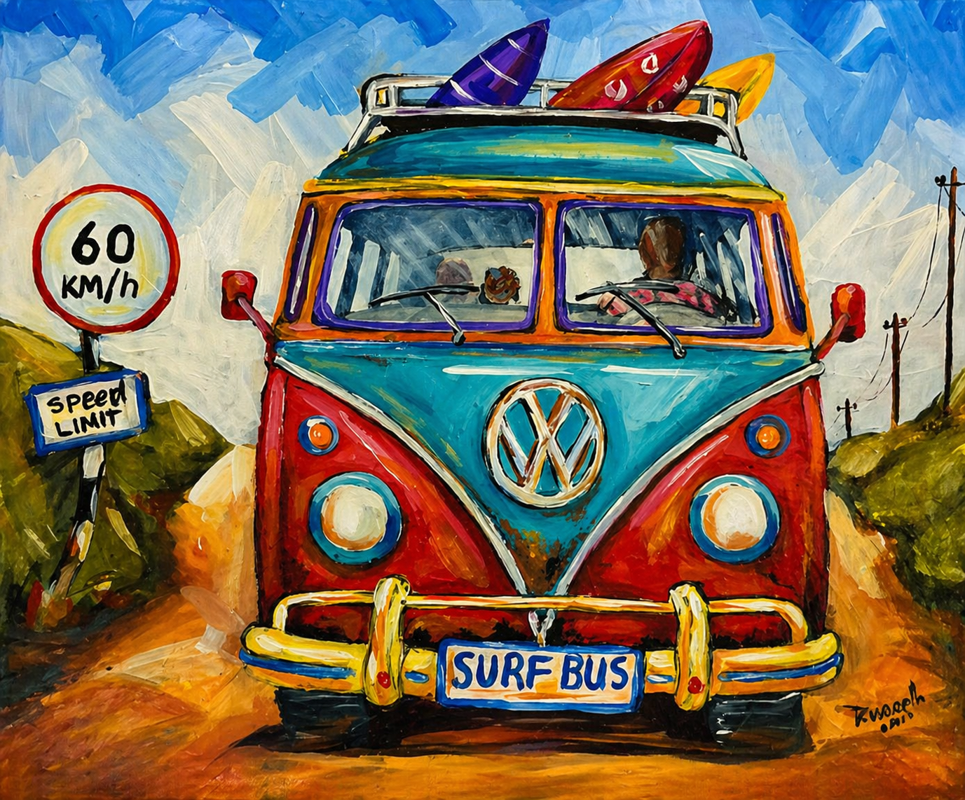 Colourful surf bus artwork featuring a turquoise and red Volkswagen-style bus with surfboards on the roof.