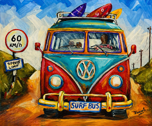 Colourful surf bus artwork featuring a turquoise and red Volkswagen-style bus with surfboards on the roof.