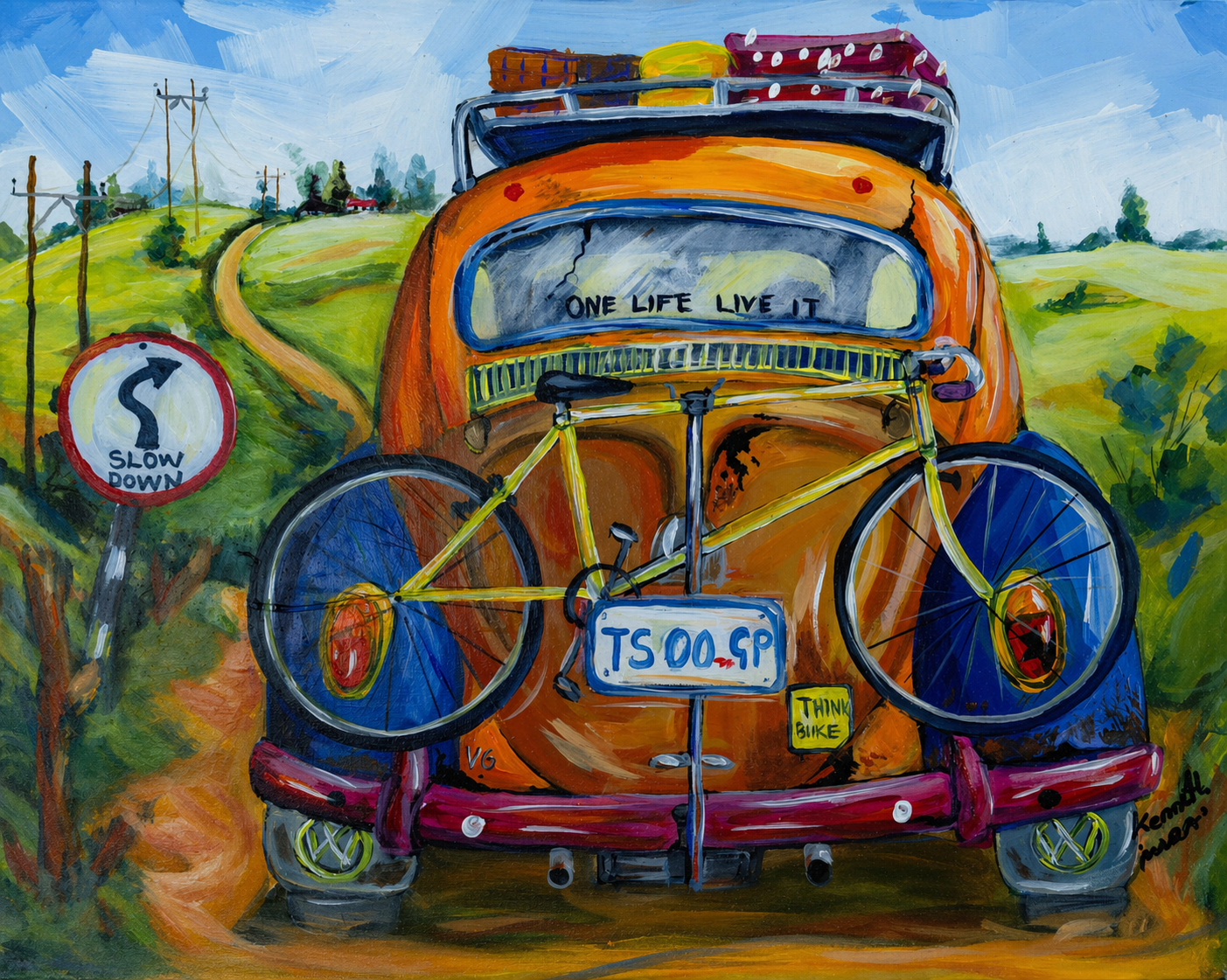 Colourful vintage Beetle artwork with bicycle, luggage and countryside road scene.