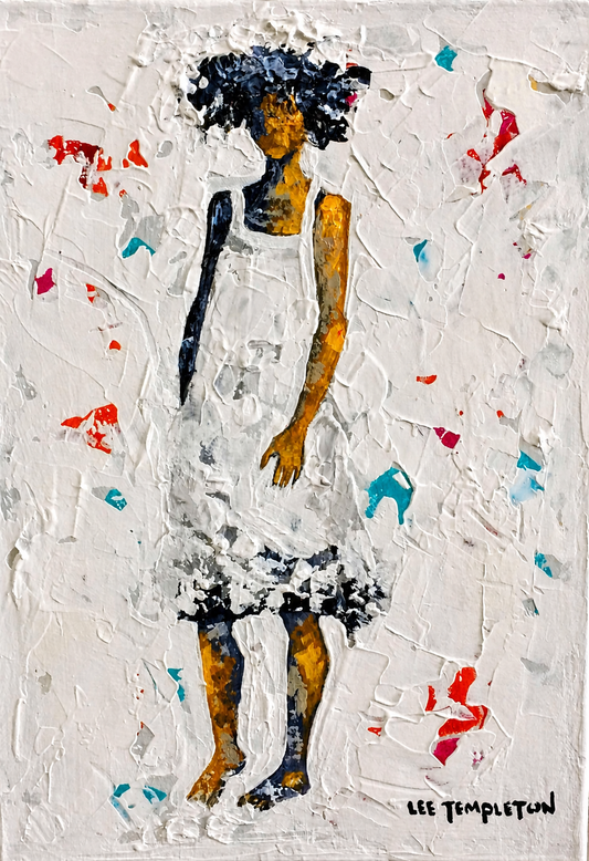 Lee Templeton original artwork of a stylised female figure in a textured white dress with red, turquoise and ochre abstract accents.
