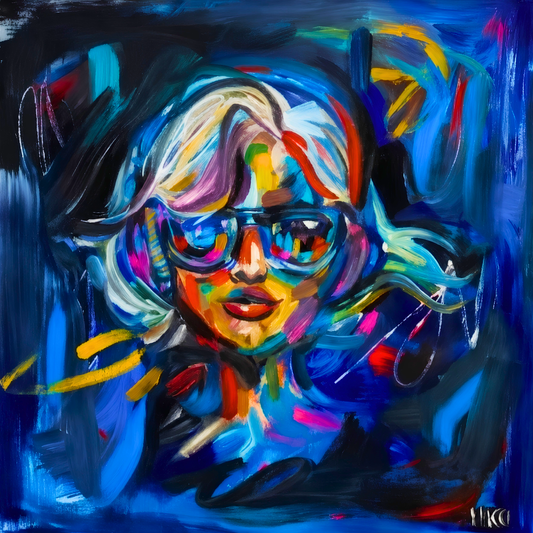 Original artwork featuring a colourful portrait of a woman wearing sunglasses against an expressive deep blue background.