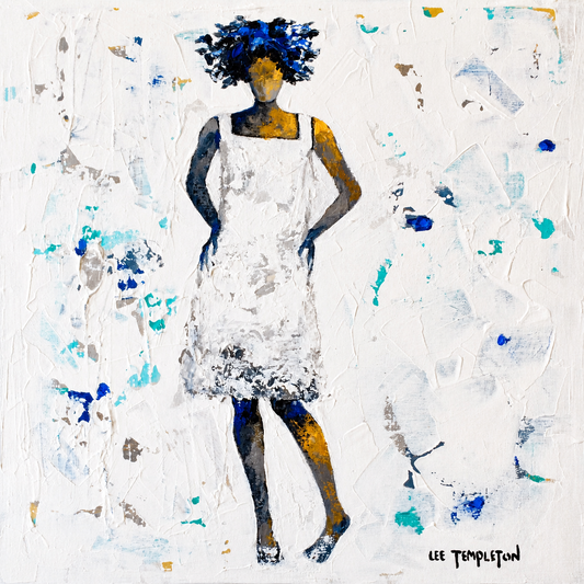 Lee Templeton original artwork featuring a confident stylised female figure in a textured white dress with blue and turquoise accents.