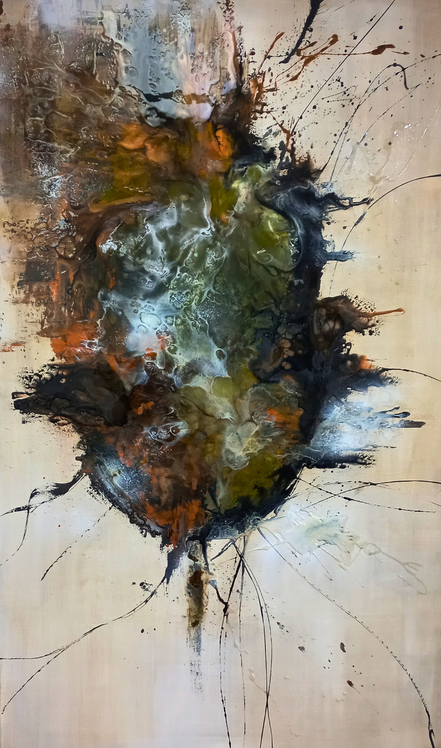 Mixed media abstract with a dark, energetic core bursting outward in layers of green, brown, and white, with radiating black lines.