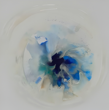 Mixed media abstract painting of a circular swirl with a dark blue core and soft white and blue edges, resembling a cosmic nebula or deep-sea bloom.