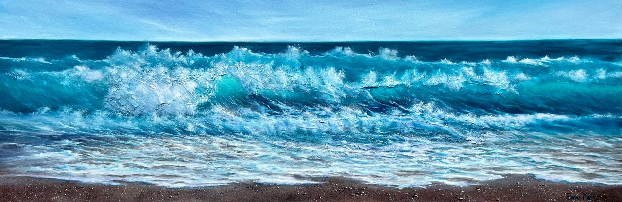 Mixed media painting of a powerful ocean wave cresting with textured brushstrokes, against a calm blue sky and pebbled shore.