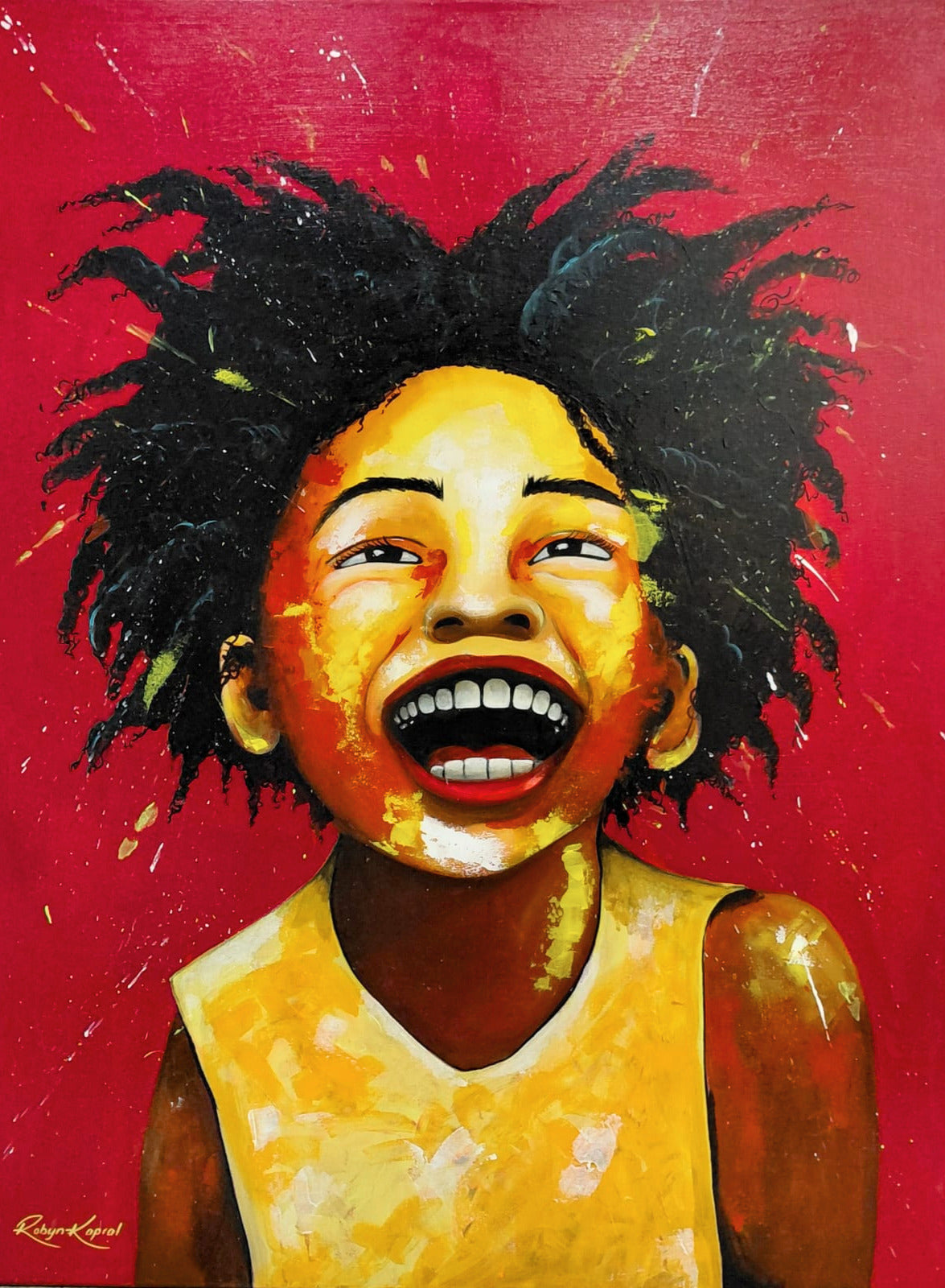 Acrylic painting of a laughing child against a vivid red background, with dynamic splashes of yellow, teal, and white.