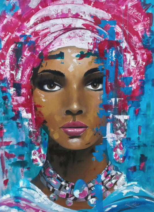 Vibrant acrylic portrait of a Black woman wearing a colourful pink and blue turban and jewelled necklace, against a dynamic abstract background.