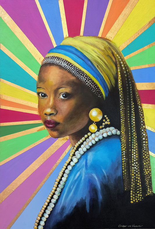 Vibrant acrylic portrait of a Black woman wearing a colourful turban and pearl jewellery, against a radiant rainbow background with gold lines.
