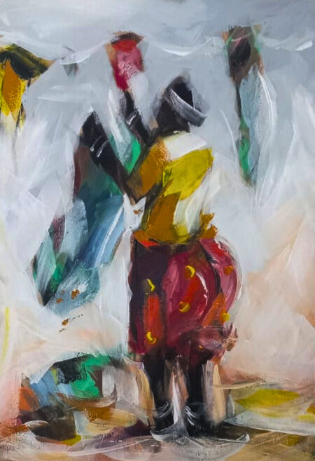 Vibrant abstract acrylic painting of a woman in motion, wearing yellow top and red skirt, surrounded by swirling colors and expressive brushstrokes.