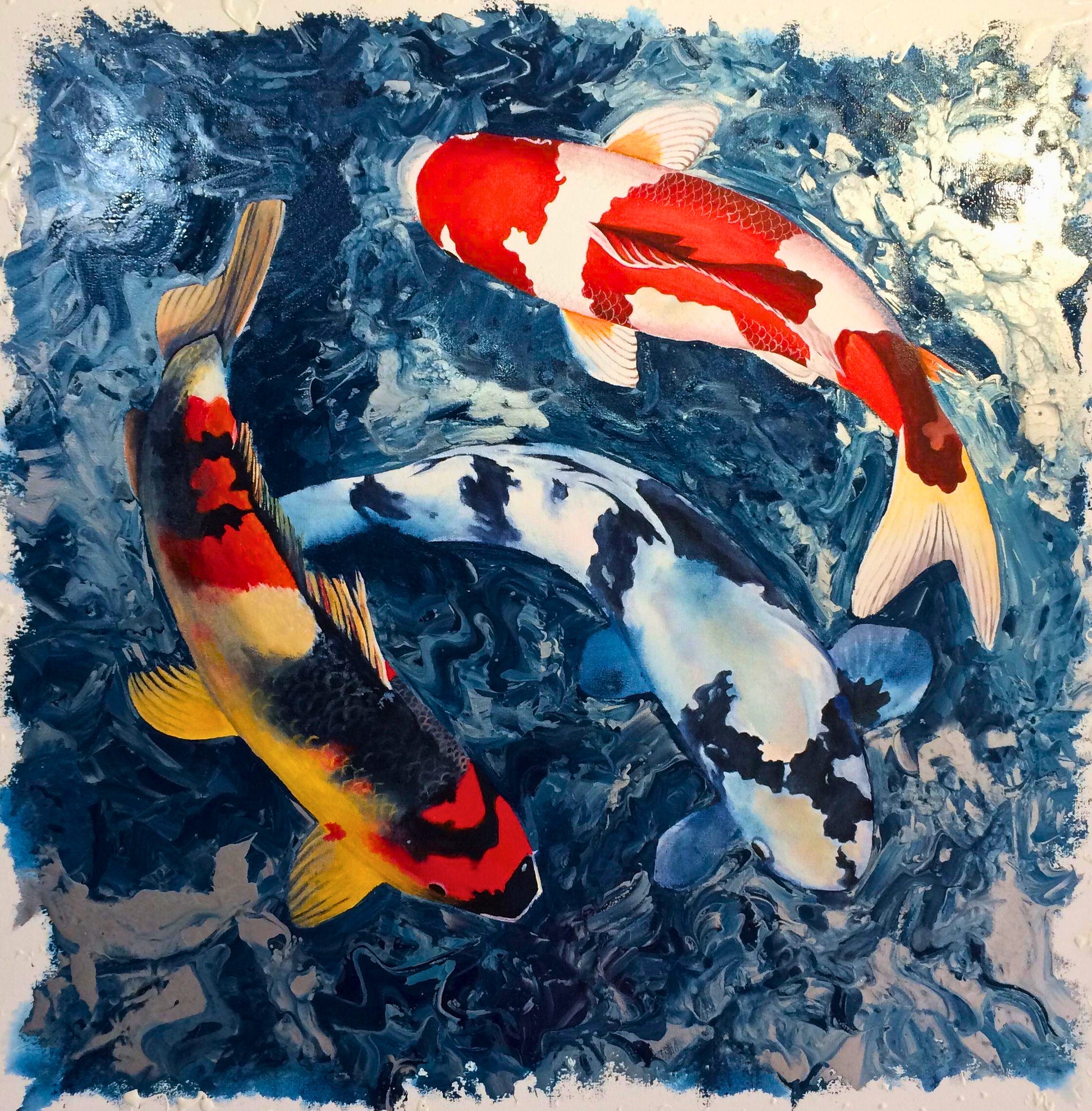 Mixed media painting of three colourful koi fish swimming in deep blue water, with expressive brushwork and detailed scales.