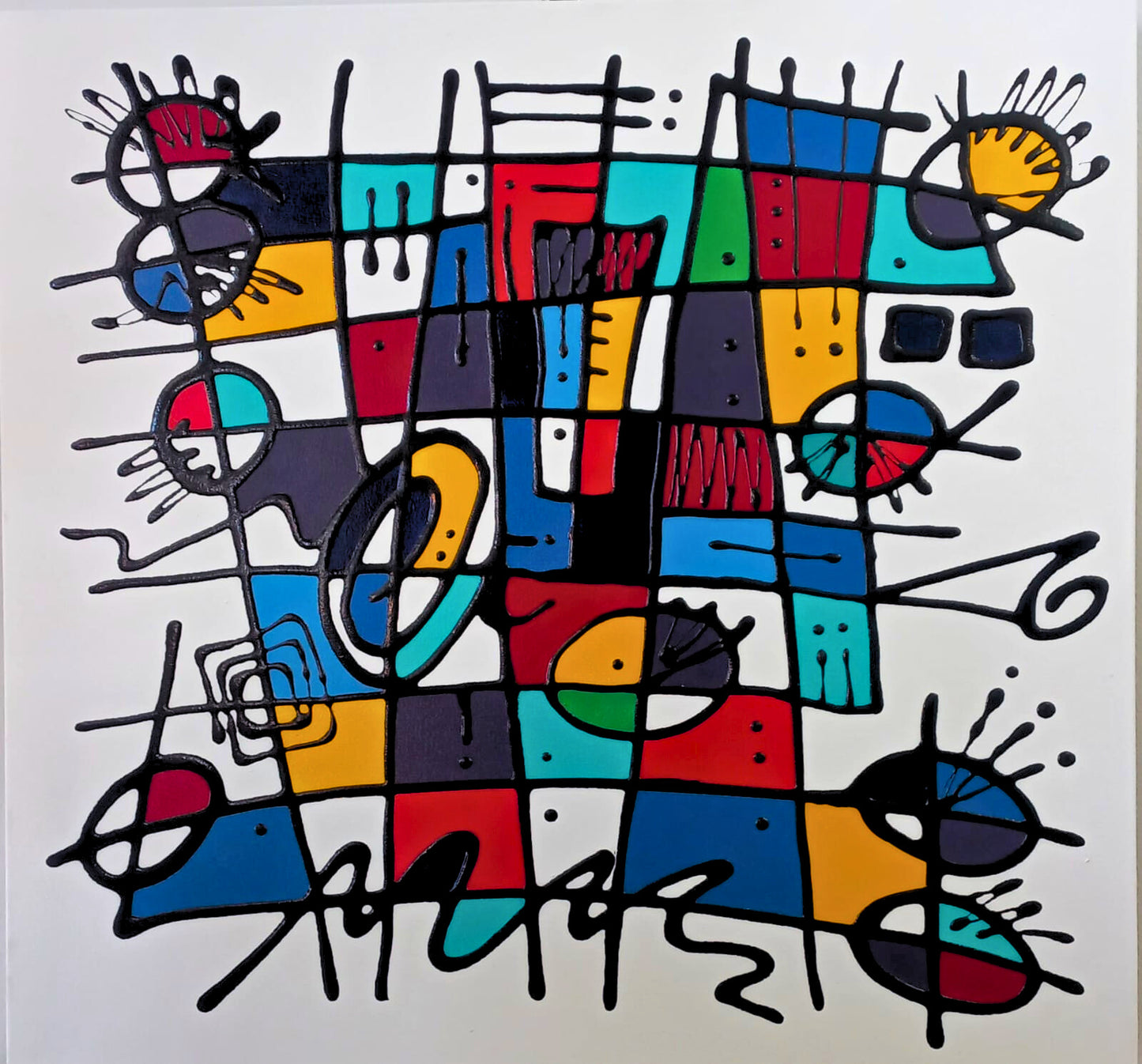 Vibrant mixed media abstract with overlapping coloured squares, black grid lines, drips, and circular motifs on white background.