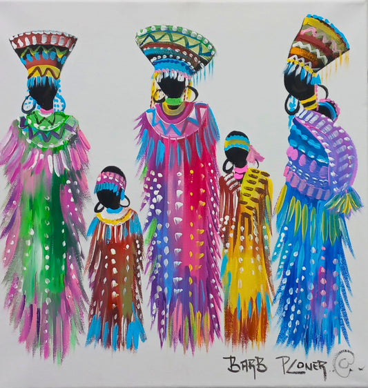 Acrylic painting of four African women in vibrant traditional attire and headdresses, standing against a white background.
