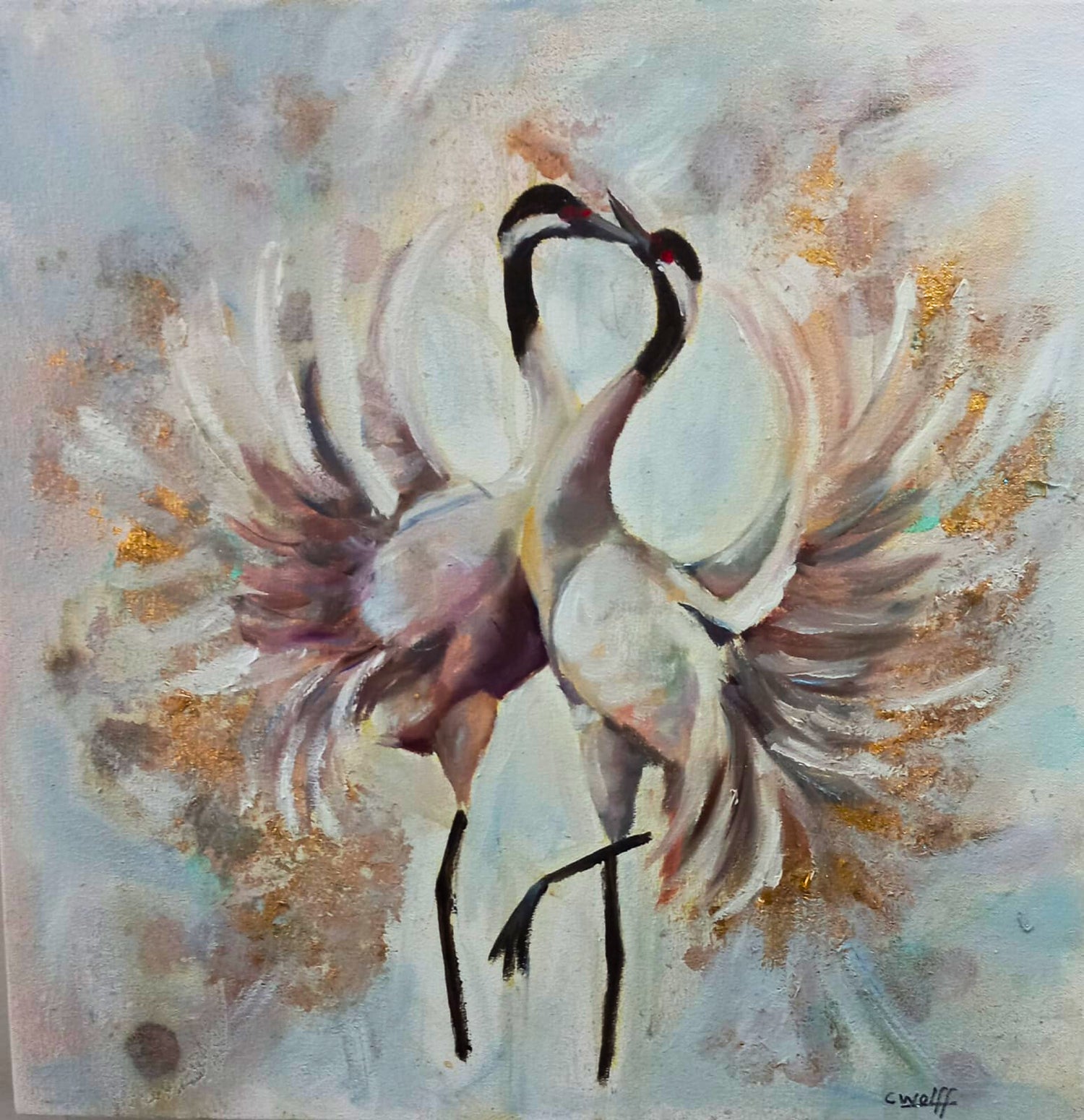 Oil painting of two cranes standing close together, wings fanned outward, against a soft abstract background with gold accents.