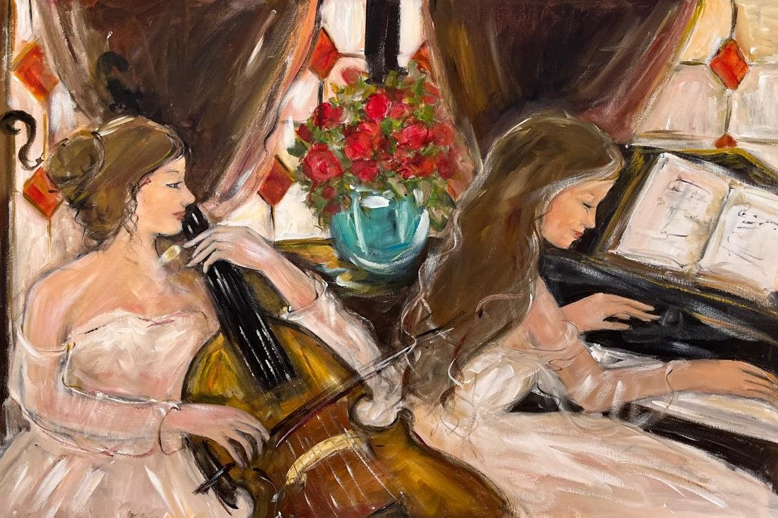 Oil painting of two women in white dresses playing piano and cello together, with a vase of red roses beside them, bathed in warm indoor light.