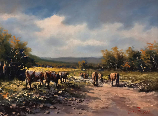 Oil painting of cattle grazing along a sunlit dirt road, surrounded by trees and distant hills under a cloudy sky.