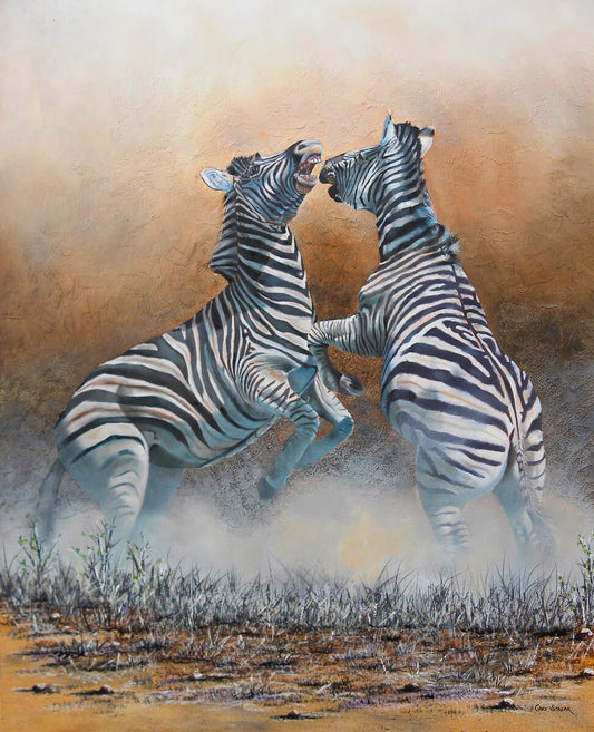 Oil painting of two zebras rearing up in confrontation, kicking up dust against a warm earth-toned background.