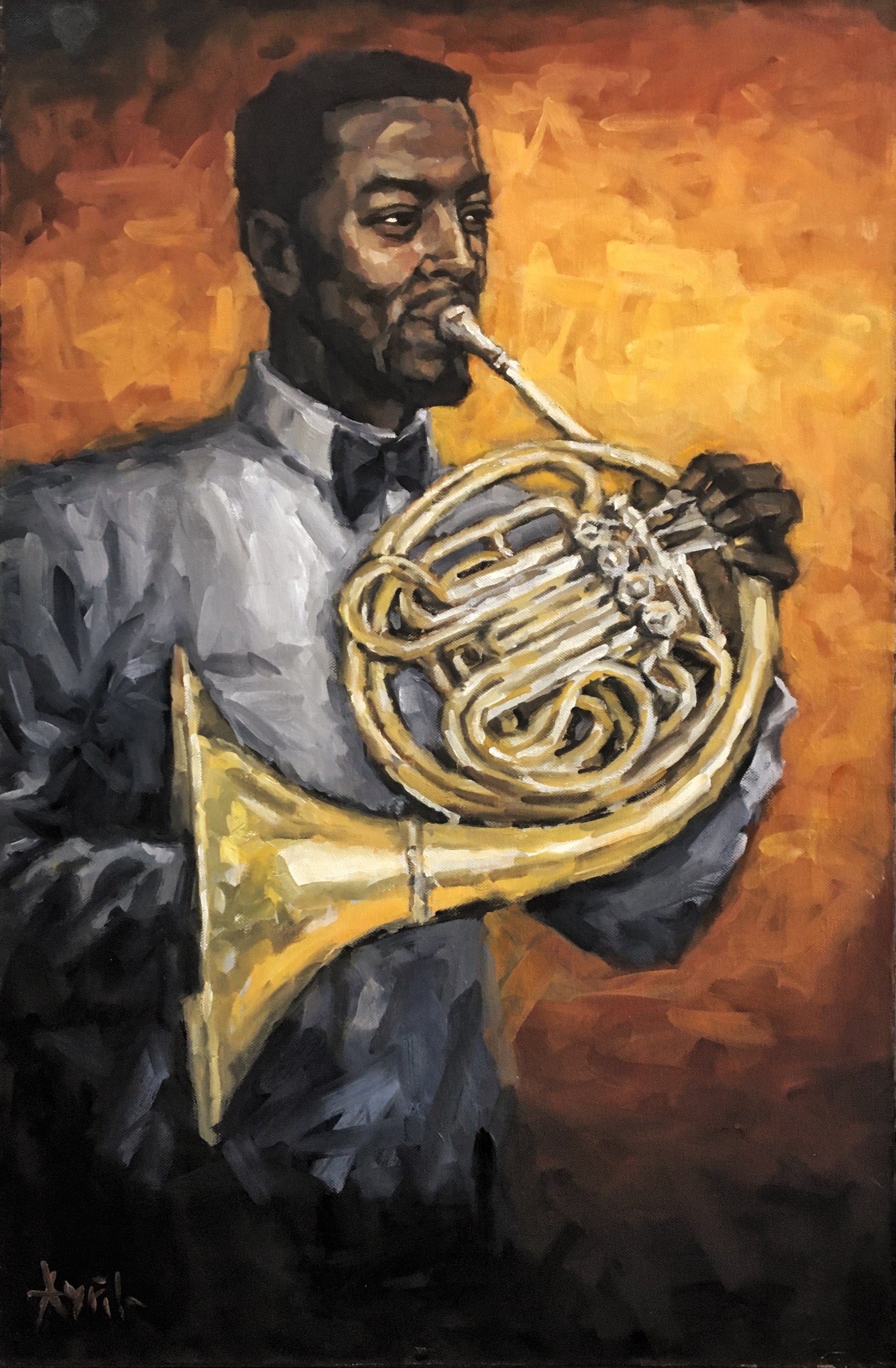 Oil painting of a black man in a tuxedo playing a golden French horn against a warm, glowing orange background.