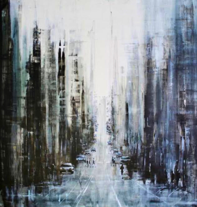 Mixed media painting of a rainy city street with tall buildings, blurred figures, and reflections on wet pavement under a grey sky.