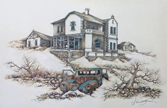 Acrylic painting of an abandoned white house on a sandy hill with a rusted vintage car in front, surrounded by bare trees and rocks.