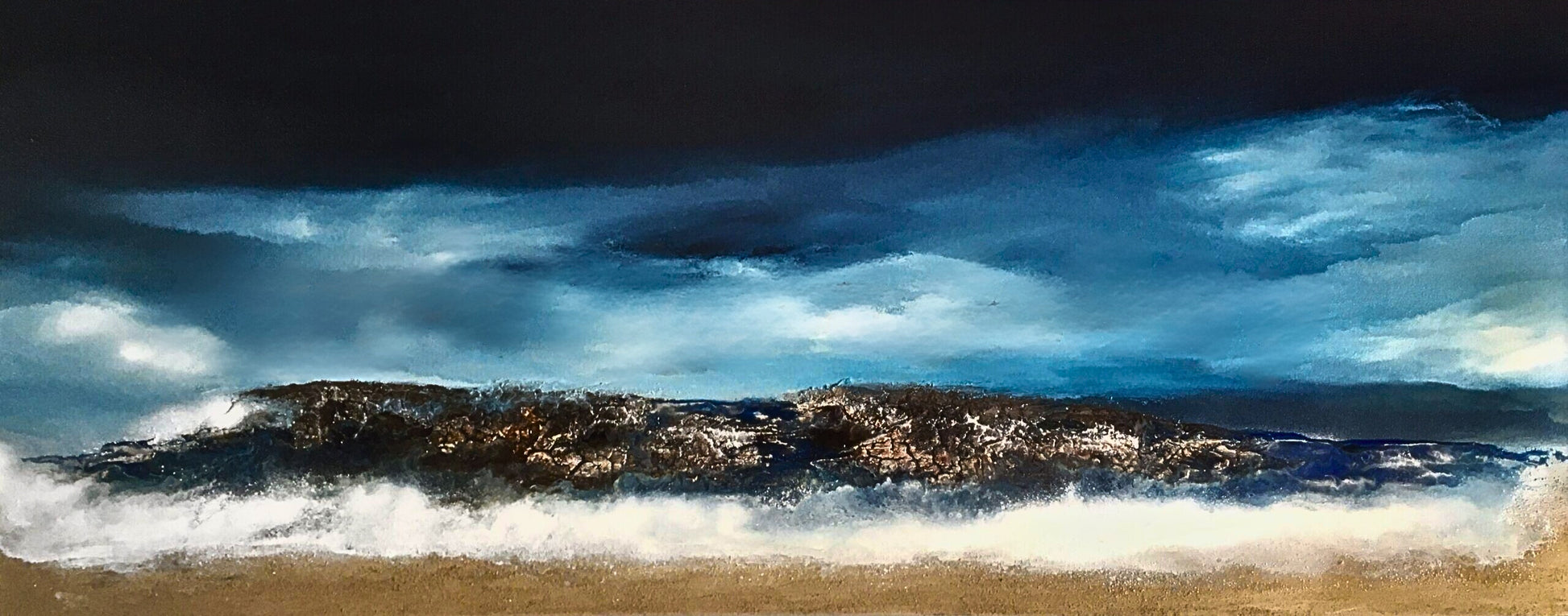 Mixed media painting of a powerful ocean wave crashing onto a sandy shore under a dark, brooding sky.