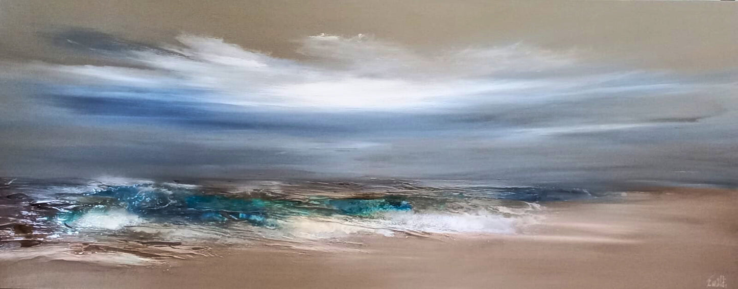 Mixed media painting of a stormy coastal scene with churning waves and a moody grey sky, rendered with textured brushstrokes.