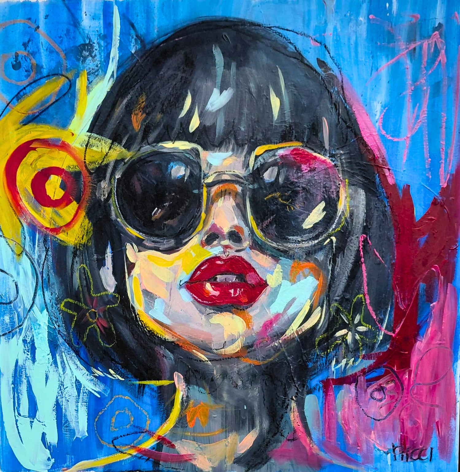 Acrylic portrait of a woman wearing large sunglasses against a dynamic blue background with expressive splashes of yellow and pink.