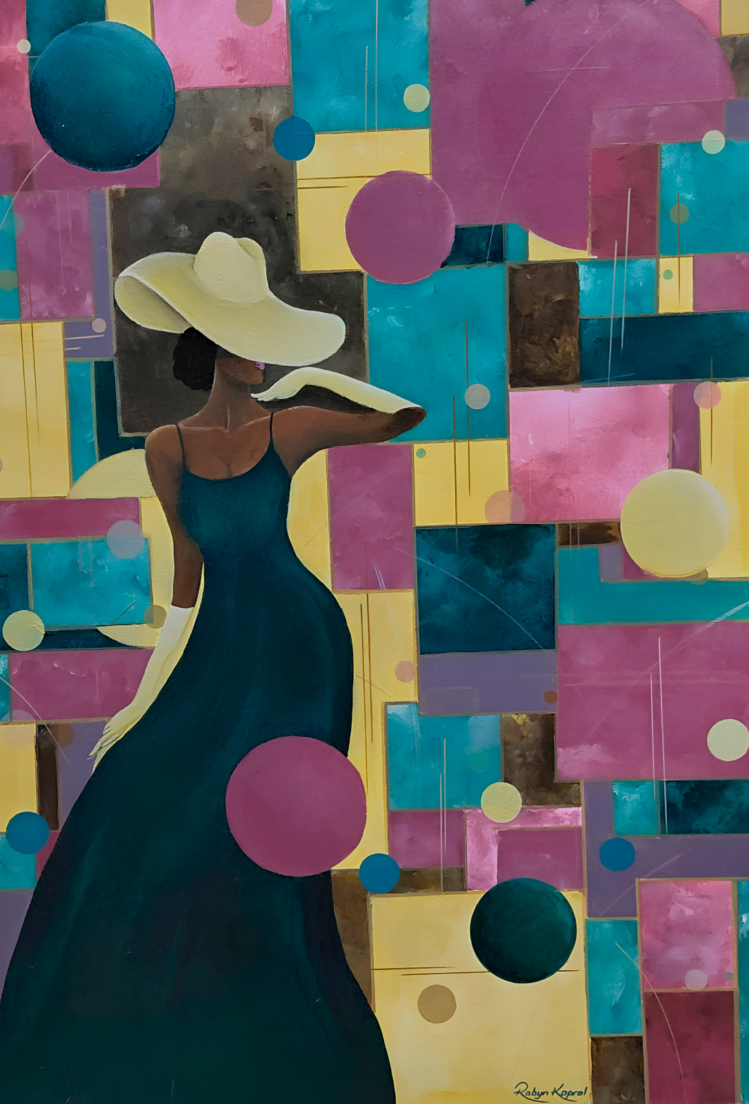 Original mixed media artwork featuring an elegant woman in a wide-brimmed hat against a colourful geometric abstract background.
