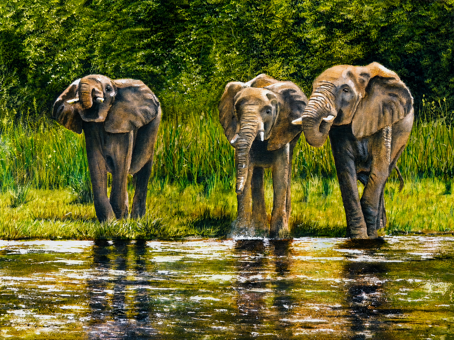 Original oil artwork featuring three elephants standing at the water’s edge with lush green foliage behind them.