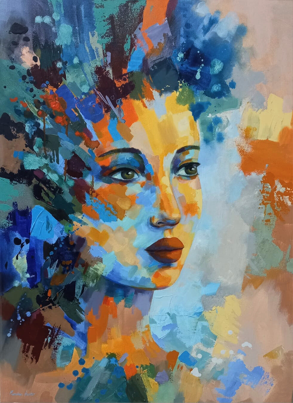 Oil painting of a woman facing forward, her face serene and expressive, surrounded by vibrant splashes of blue, red, and yellow paint.