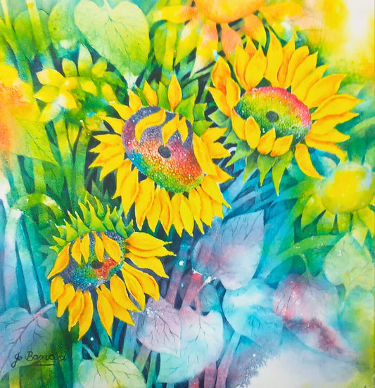 Acrylic painting of three bright yellow sunflowers in full bloom, surrounded by green leaves against a soft blue-green background.