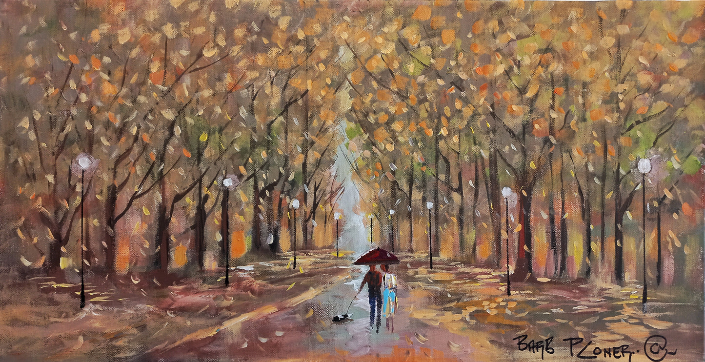 Oil painting of a couple walking under a red umbrella on an autumn path, surrounded by falling golden leaves and lampposts, with a small dog beside them.