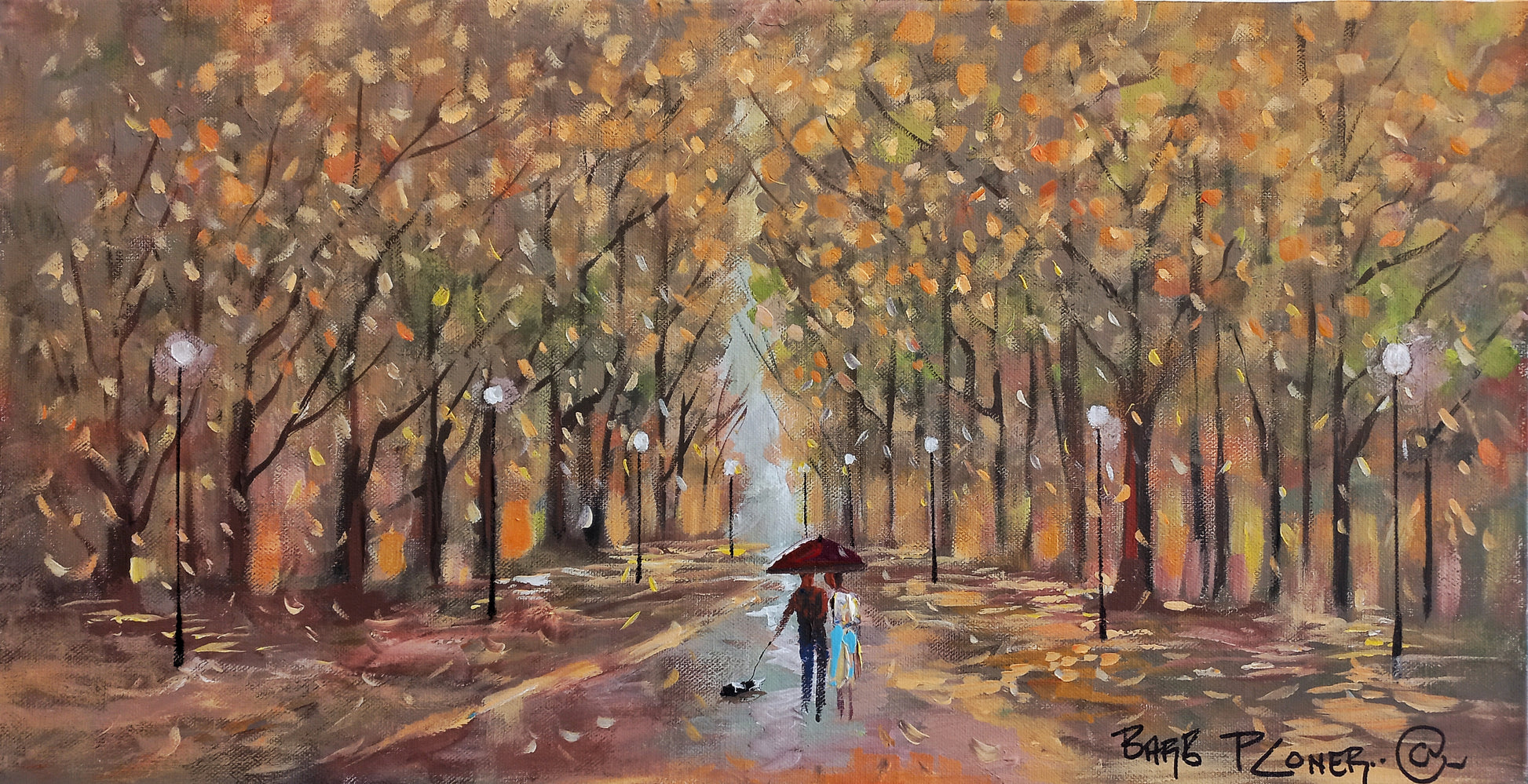 Oil painting of a couple walking under a red umbrella on an autumn path, surrounded by falling golden leaves and lampposts, with a small dog beside them.