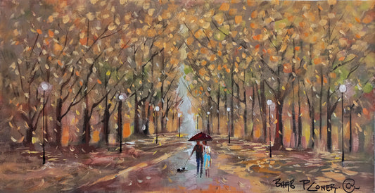 Oil painting of a couple walking under a red umbrella on an autumn path, surrounded by falling golden leaves and lampposts, with a small dog beside them.