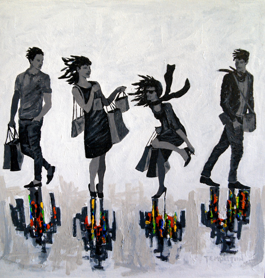 Lee Templeton original artwork featuring four fashionable stylised figures with shopping bags above a colourful reflective cityscape.