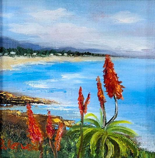 Oil painting of tall flowering aloes in the foreground, with a blue sea and distant shoreline behind.