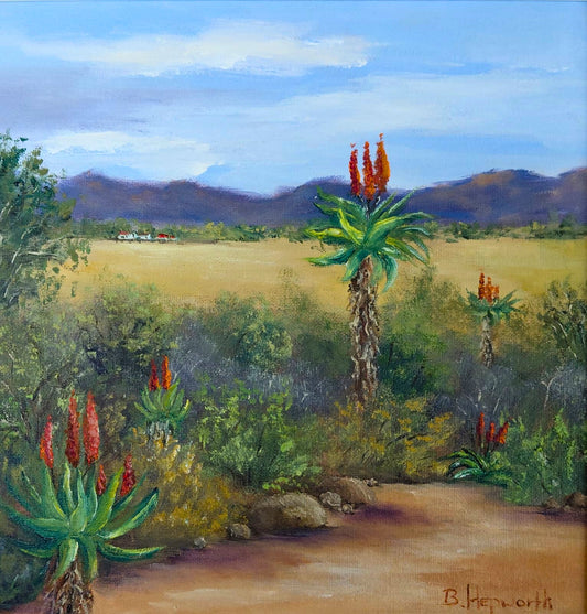 Oil painting of a field with tall flowering aloes, distant mountains, and a small farmhouse under a soft blue sky.