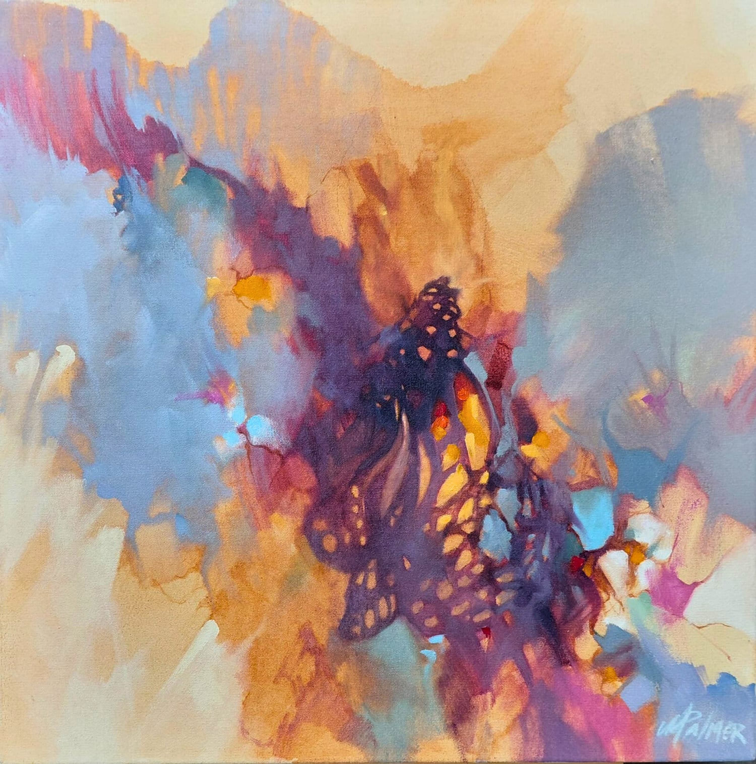 Oil painting of a butterfly with warm ochre, amber, and rose tones, set against a soft hazy background.