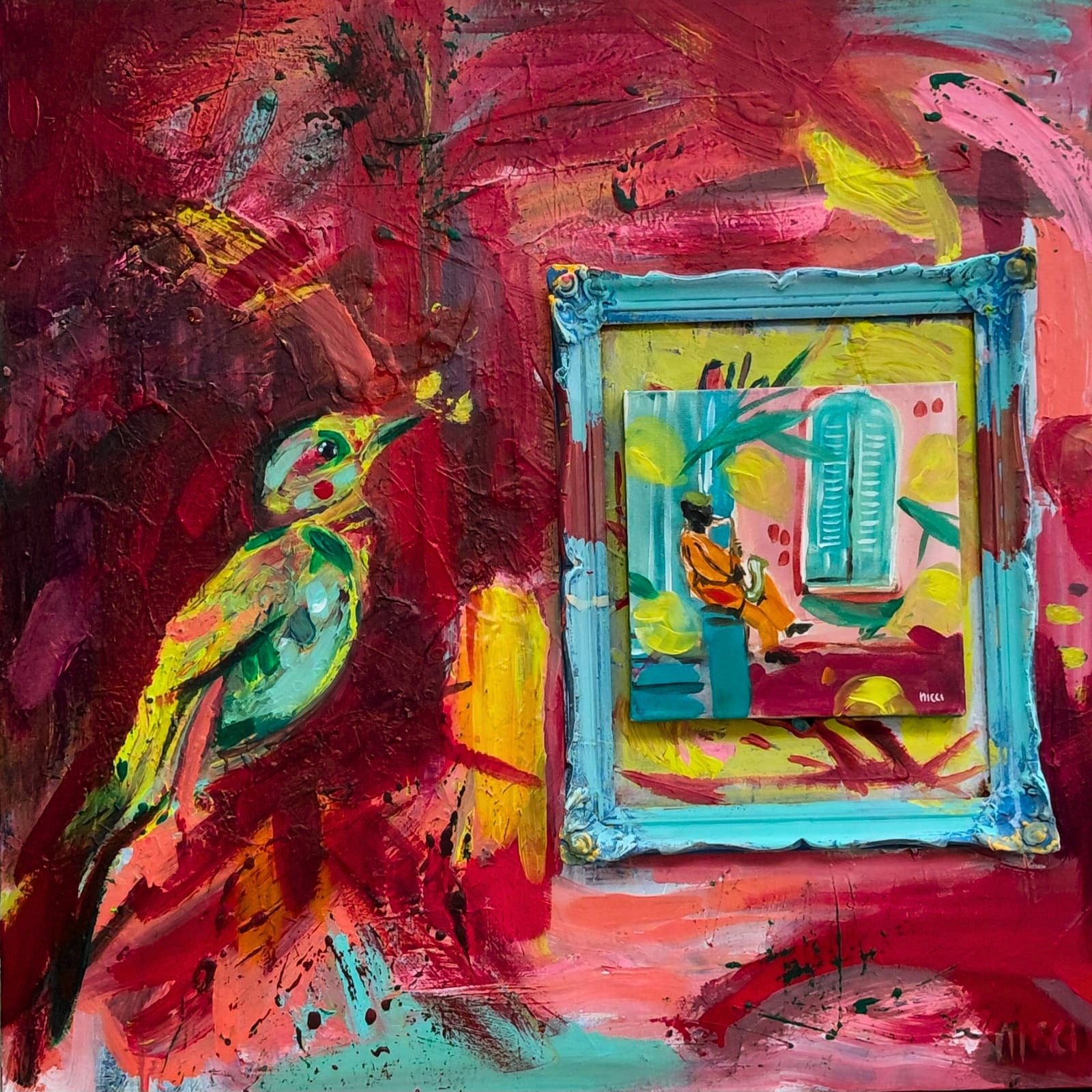 Acrylic painting of a vibrant bird against a red background with a framed scene of a figure by a window.