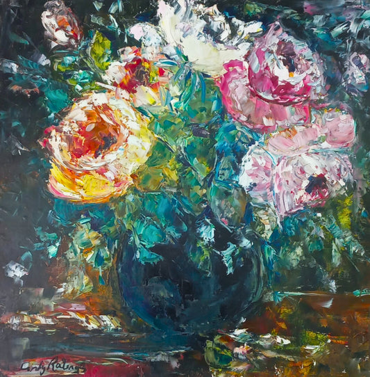 Vibrant oil painting of a colourful bouquet of roses in shades of pink, yellow, and red, arranged in a dark vase against a textured green and blue background.