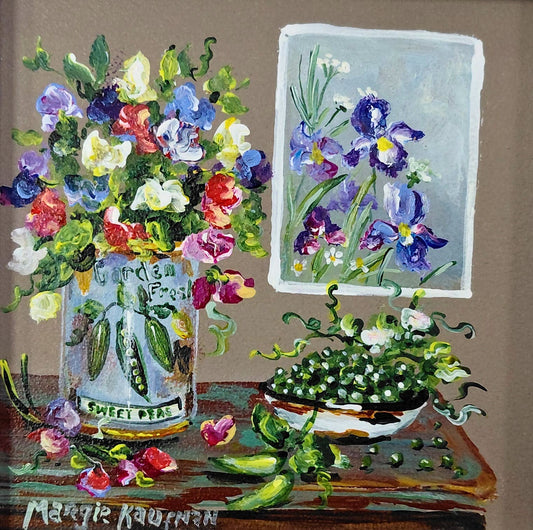 Oil painting of a jar filled with garden flowers, a bowl of seed pods, and a framed iris painting.