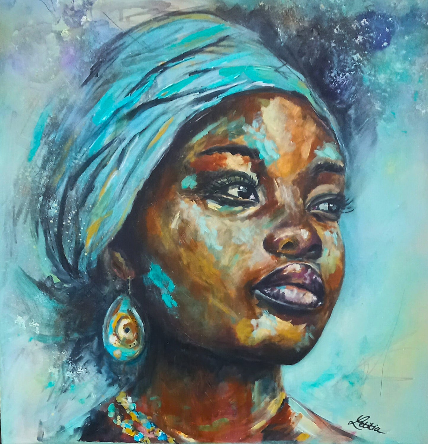 Mixed media portrait of a woman with warm skin tones and expressive eyes, surrounded by flowing turquoise and gold brushstrokes.
