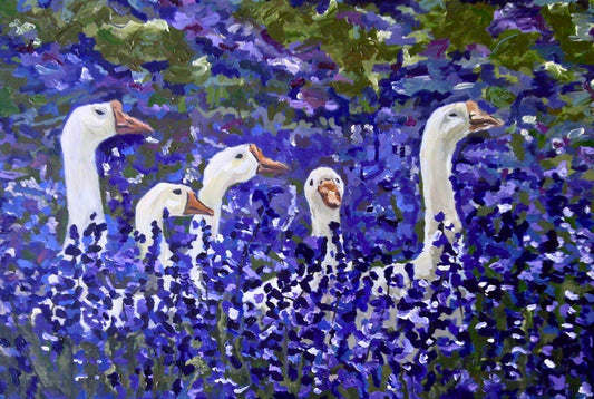 Vibrant oil painting by Aimee Grautier of white geese nestled among lush purple wildflowers — serene nature art perfect for farmhouse decor or spring-themed interiors.