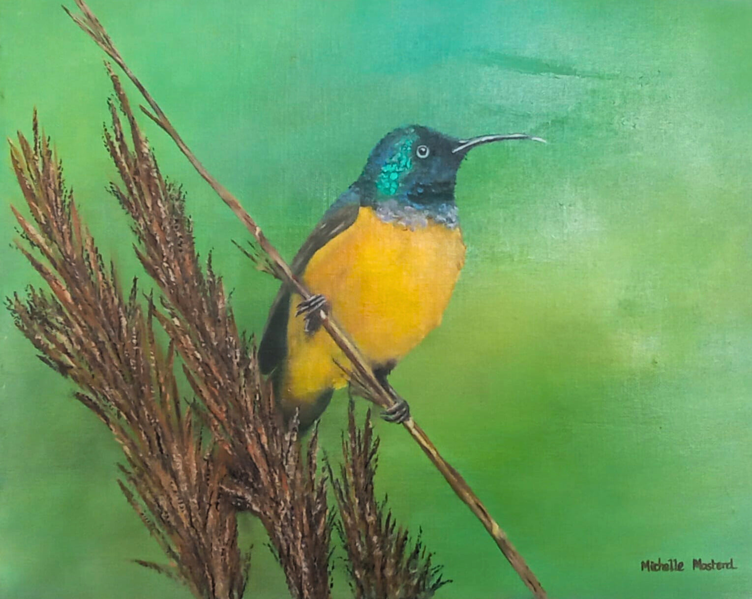 Acrylic painting of a vibrant sun bird perched on a dry reed, with golden breast and iridescent teal throat, against a soft green background.