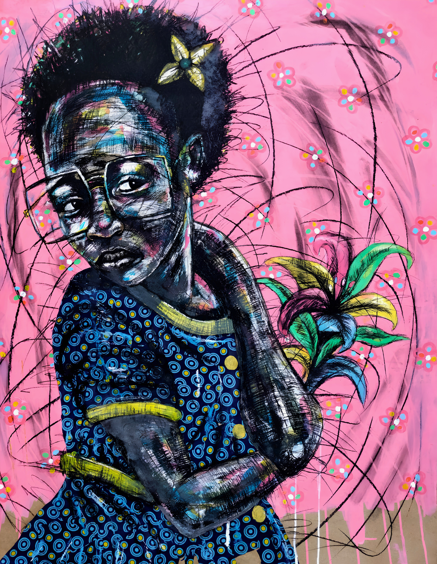Original mixed media artwork featuring a young girl with glasses against a vibrant pink background with expressive floral details.