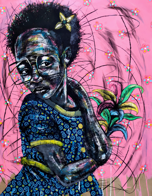 Original mixed media artwork featuring a young girl with glasses against a vibrant pink background with expressive floral details.